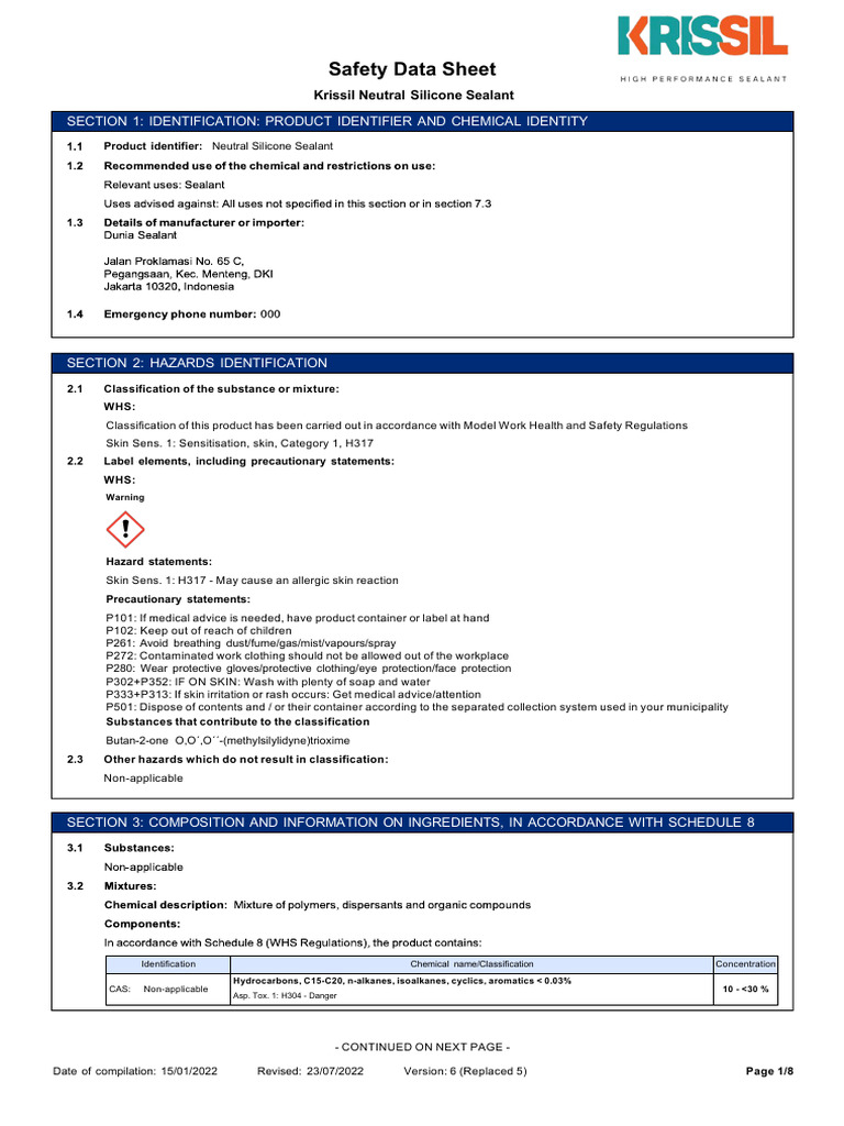 Krissil Neutral Silicone Sealant MSDS | PDF | Toxicity | Silicone
