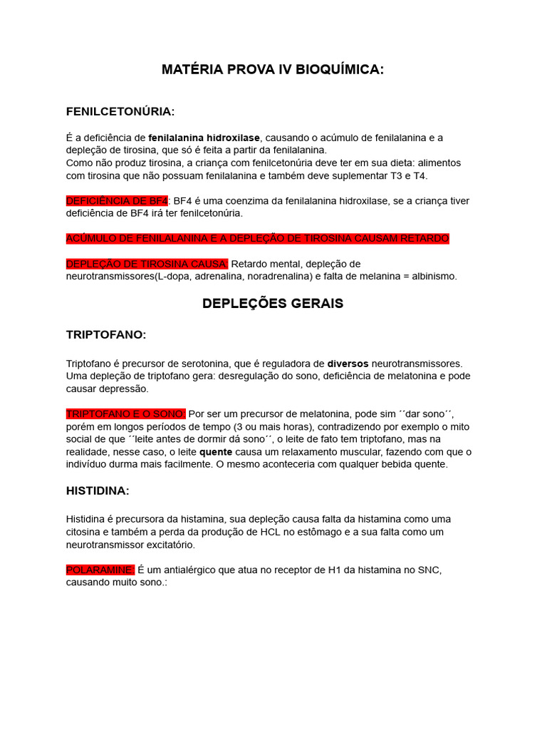 Matéria Prova IV Bioquímica | PDF | Anemia | Triptofano