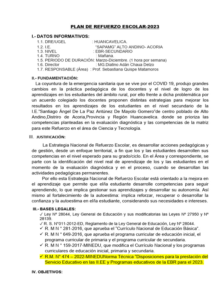 PLAN de Refuerzo Escolar - 2023 | PDF | Evaluación | Enseñando