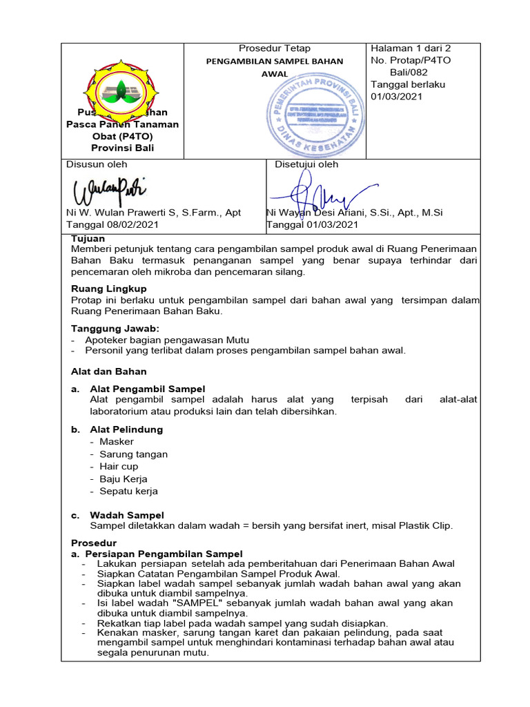082 Protap Pengambilan Sampel Bahan Awal | PDF | Pengembangan Diri ...