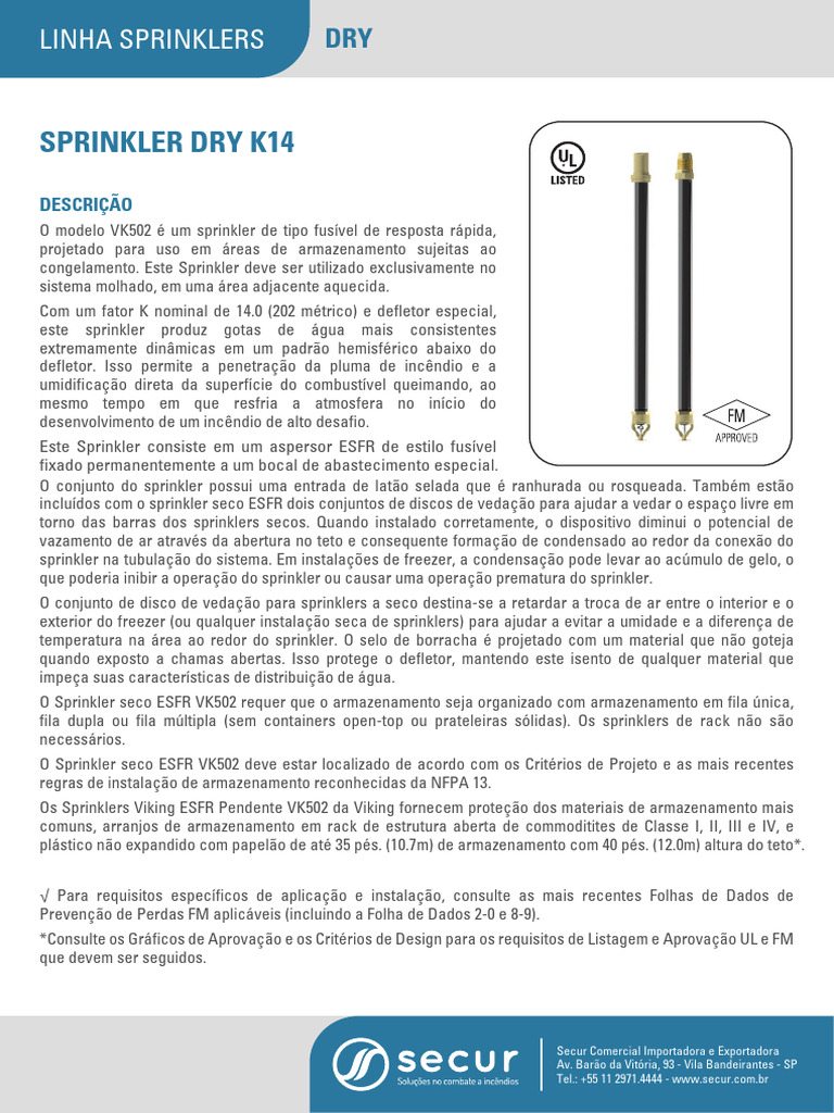 Sprinkler ESFR VK502: Proteção Congelada | PDF | Umidade