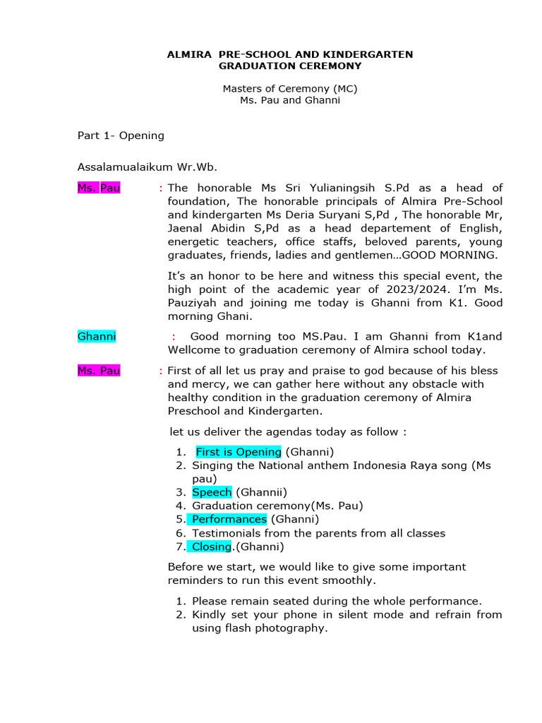 Almira Pre-School Graduation 2024 Script | PDF | Early Childhood ...