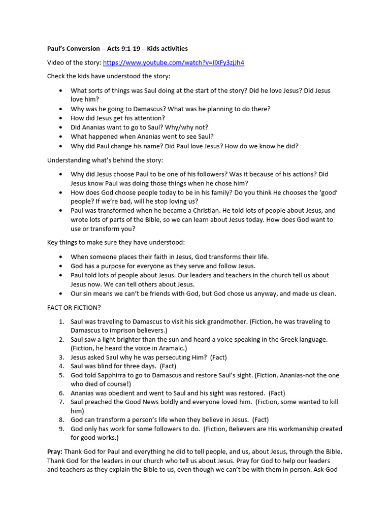 Sauls conversion kids activities pdf paul the apostle jesus
