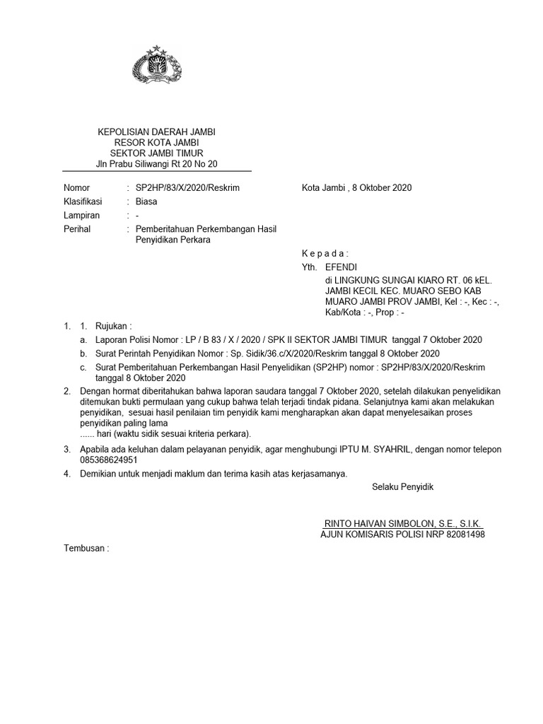 Pemberitahuan SP2HP Penyidikan Polisi | PDF
