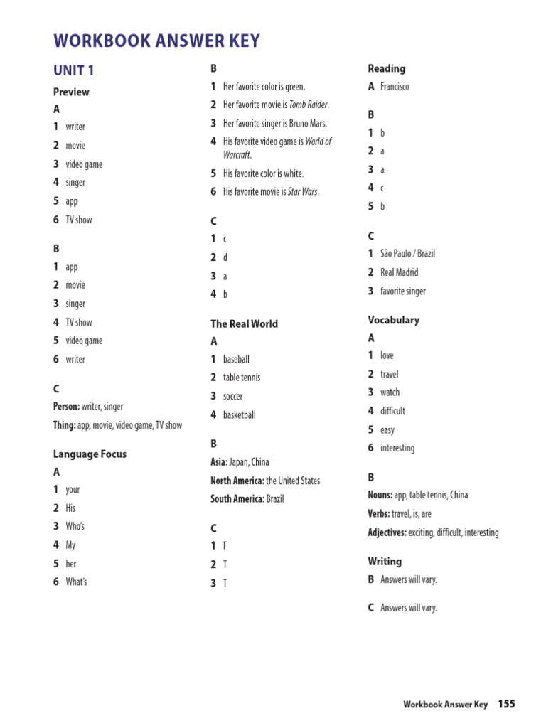 Workbook Answer Key for Units 1-9 | PDF | Lunch