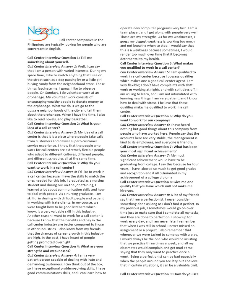 Interview tips with answers pdf call centre
