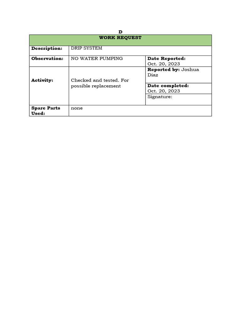 Drip System Work Request Report | PDF