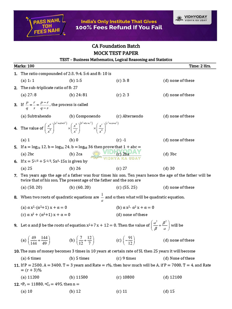 CA Foundation Business Mathematics Mock Test | PDF | Normal ...