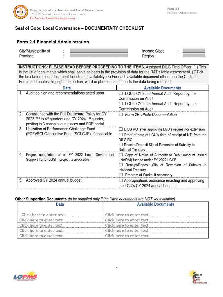 SGLG 2024 Documentary Checklist | PDF | Audit | Search And Rescue