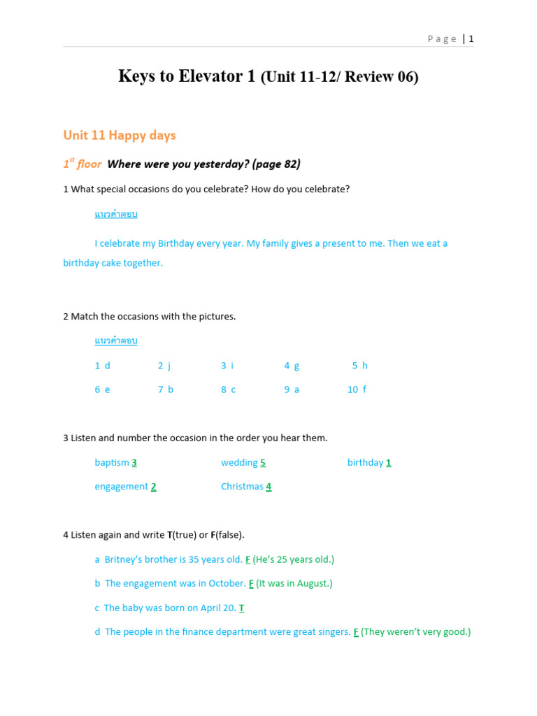 Key To Elevator Sb1 Unit 11-12 and Review 06 | PDF