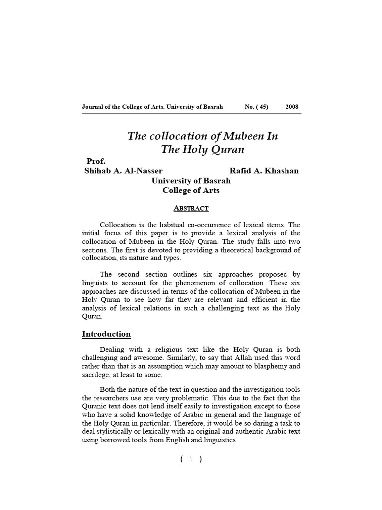 The Collocation of Mubeen in The Holy Quran | PDF | Adjective | Lexicon