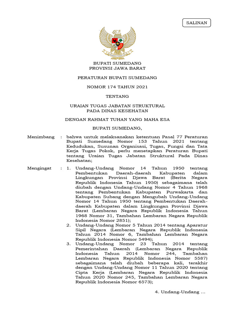 Perbup 174 2021 Uraian Tugas Struktural Dinas Kesehatan | PDF