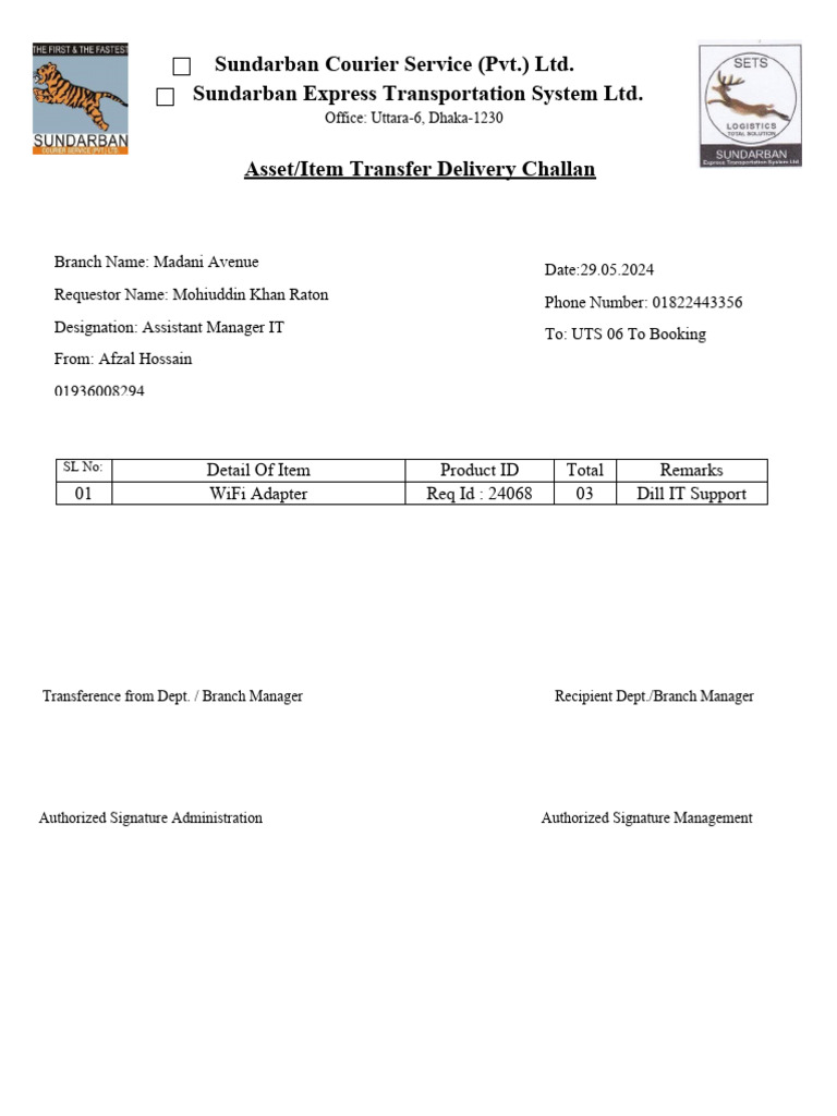 Sundarban Courier Delivery Challan | PDF