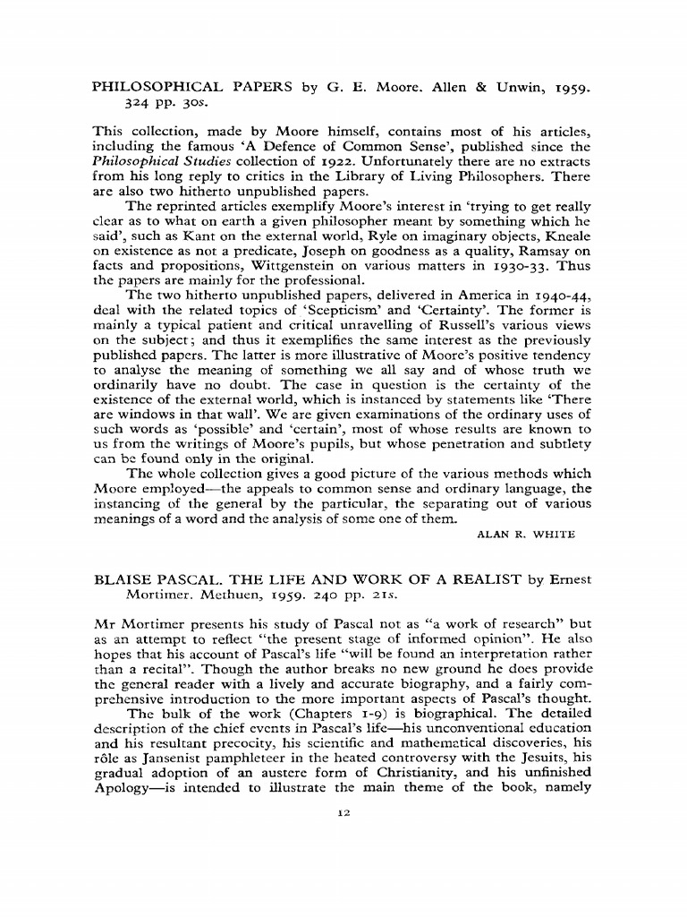G.E. Moore's Philosophical Papers Overview | PDF | René Descartes | Reason