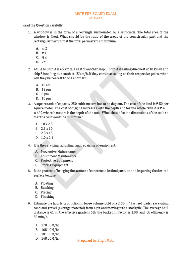 MSTE Pre-Board Exam Questions and Solutions | PDF | Concrete