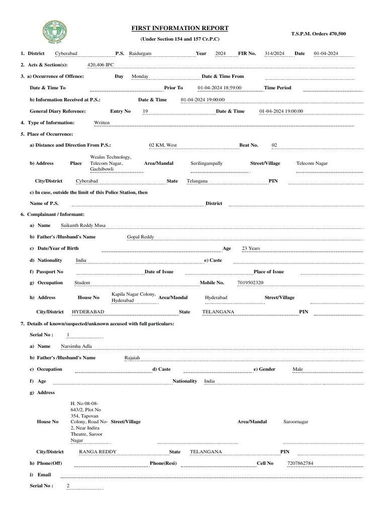 First Information Report | PDF | Crimes | Crime & Violence