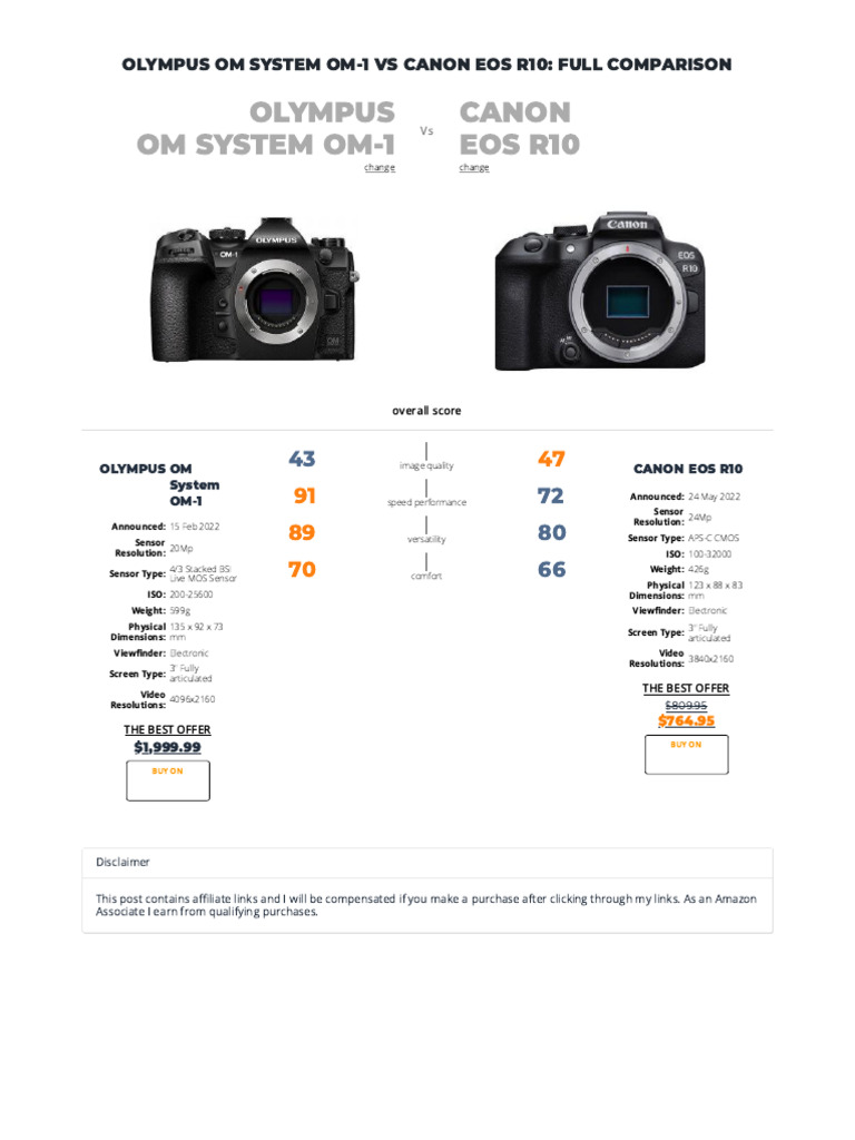 Olympus OM-1 vs Canon EOS R10 Comparison | PDF | Canon Eos | Autofocus