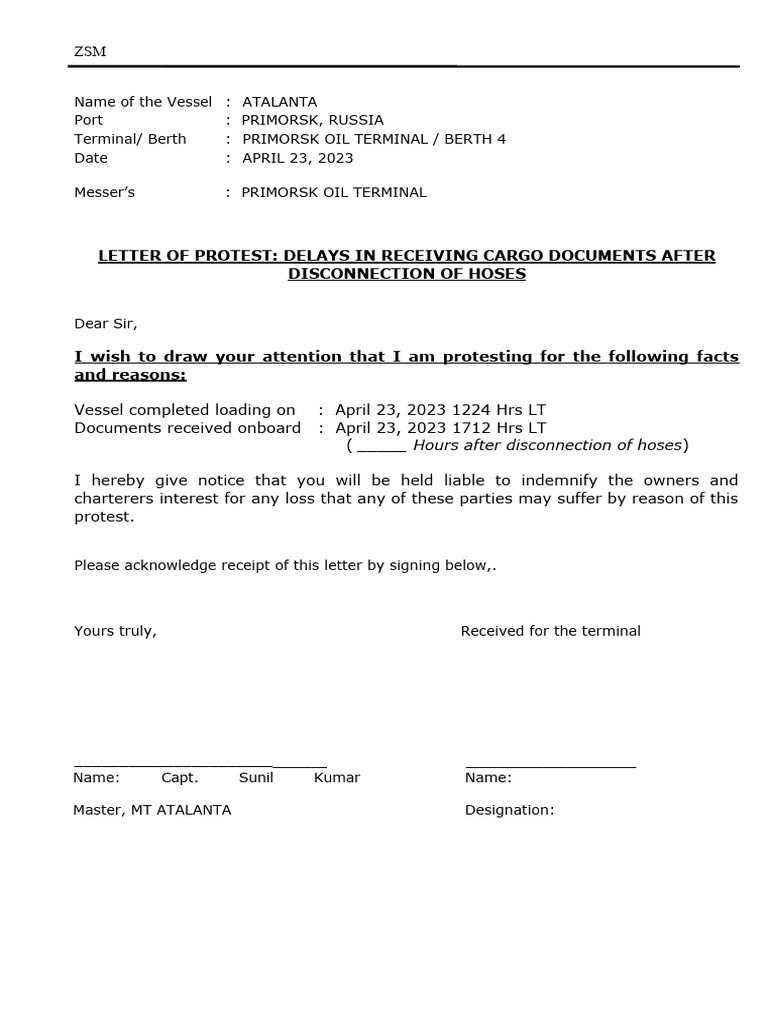 Protest Letter for Cargo Document Delays | PDF