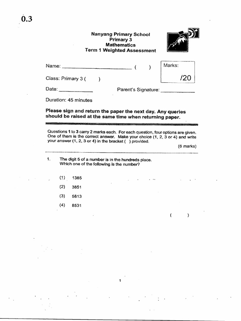 P3 Maths 2023 WA1 Nanyang | PDF