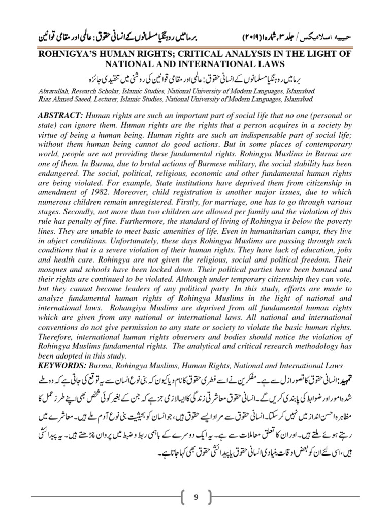 Rohnigya's Human Rights Critical Analysis in The Light of National and ...