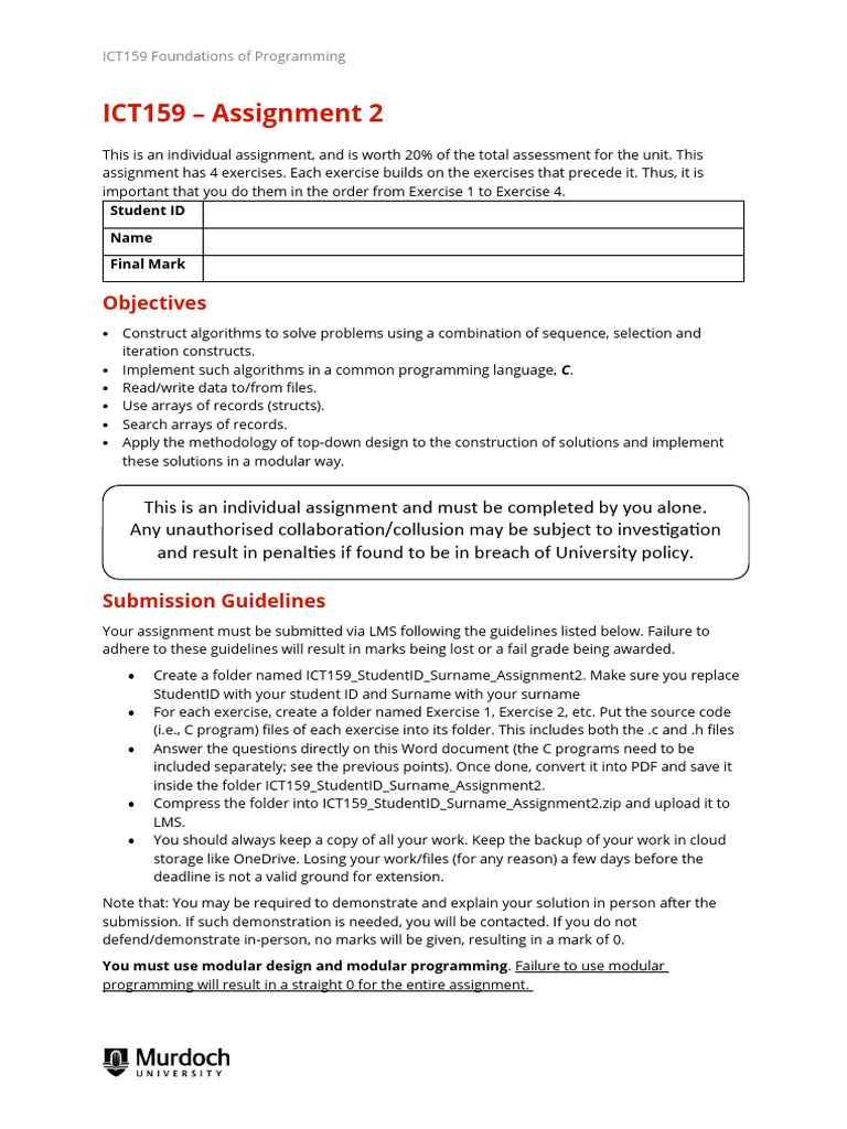 ICT159 Assignment 2 Guidelines | PDF | Parameter (Computer Programming ...