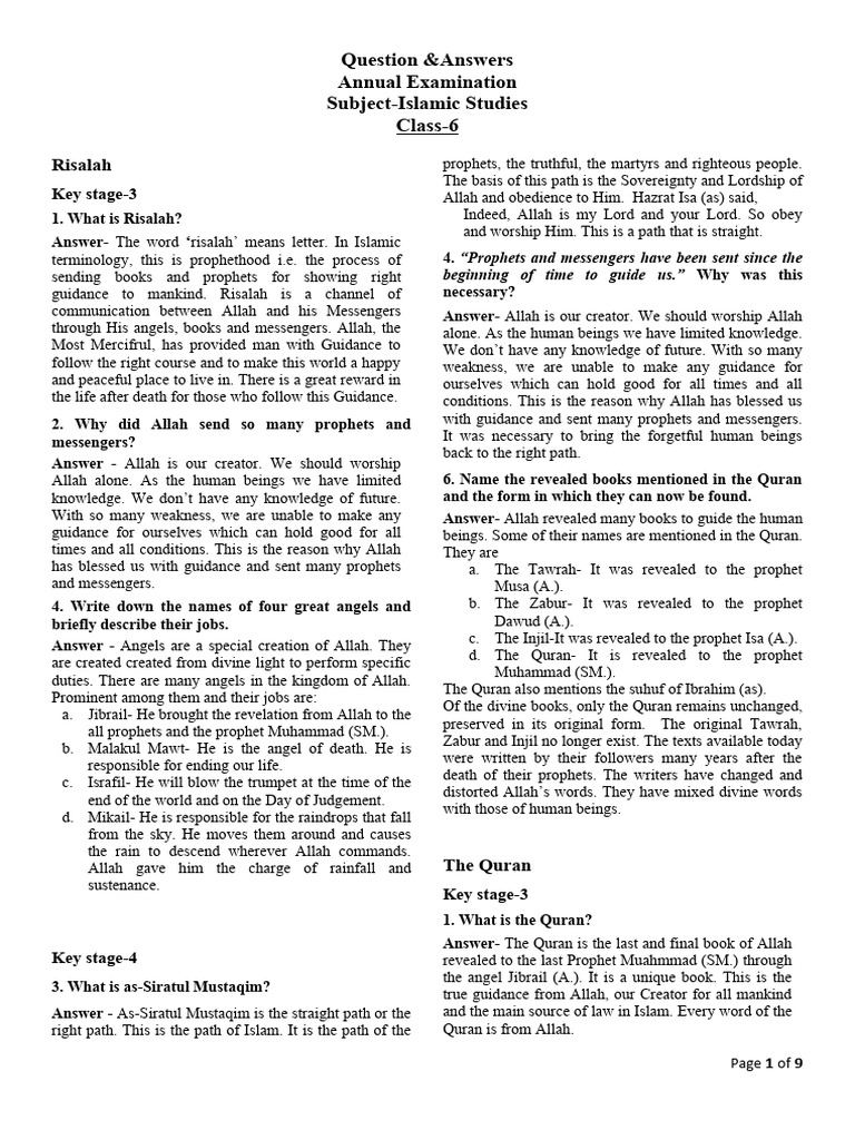 Islamic Studies Exam Q&A for Class 6 | PDF | Prophets And Messengers In ...