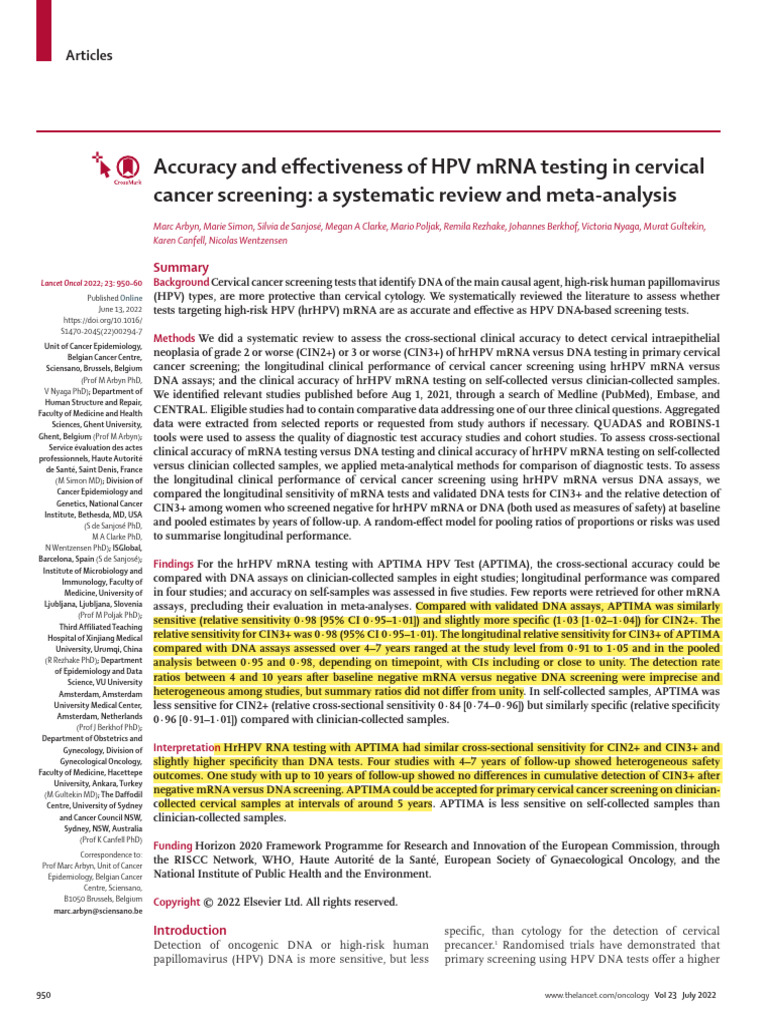 Accuracy and Effectiveness of HPV mRNA Testing in Cervical Cancer ...