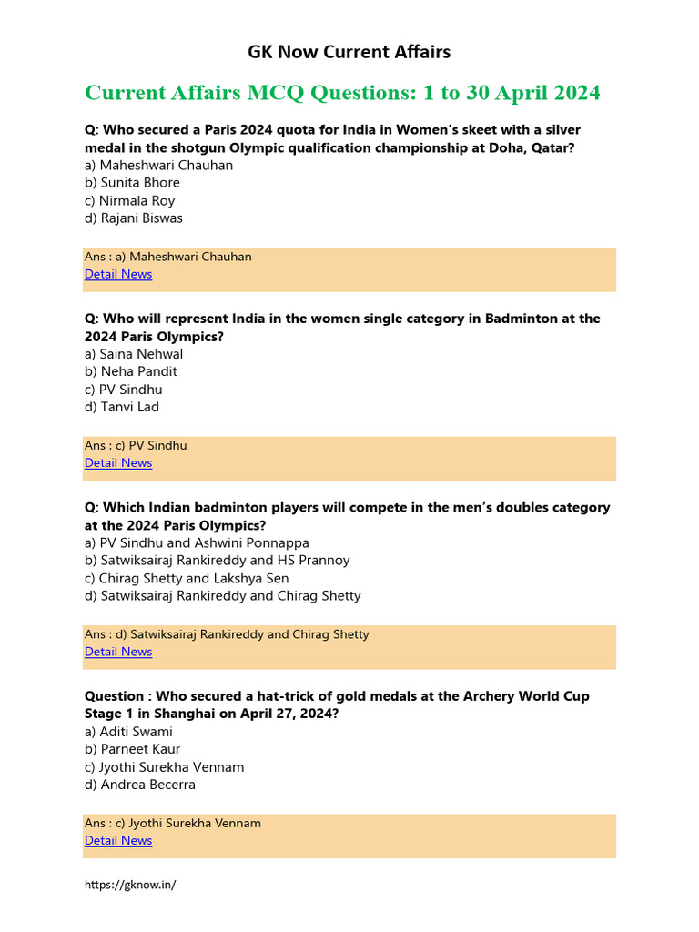 Monthly Current Affairs MCQ 1 To 30 April 2024 English | PDF | Reserve ...