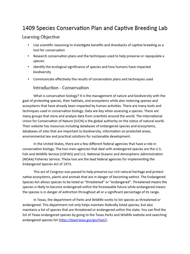 1409 Species Conservation Plan and Captive Breeding Lab | PDF ...