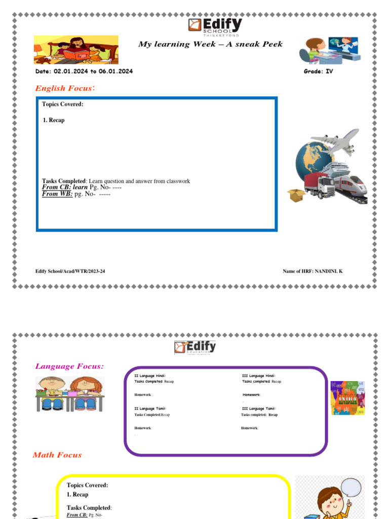 Weekly Learning Recap for Grade IV | PDF