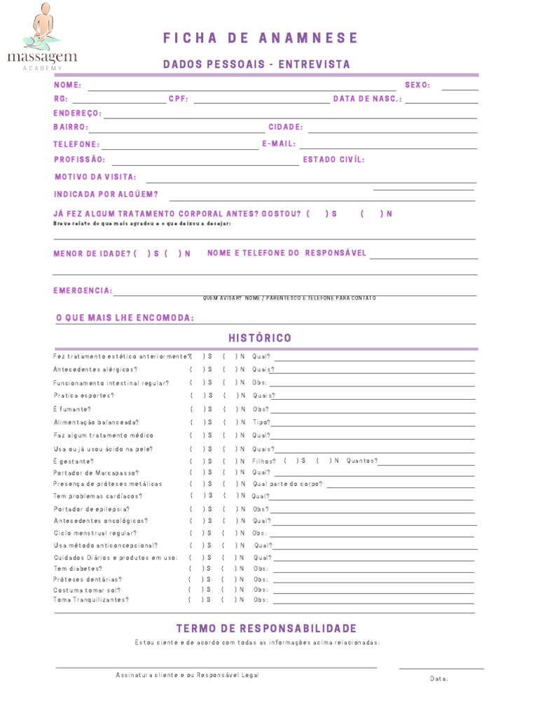 Ficha de Anamnese para Massagem Relaxante | PDF | Especialidades médicas