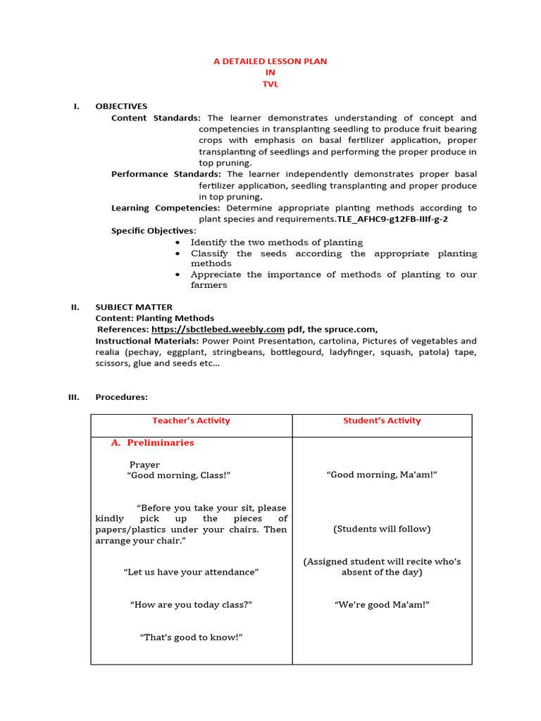Grade 7 TLE: Planting Methods Lesson Plan | PDF | Seed | Vegetables
