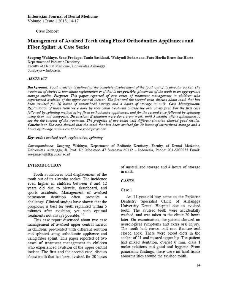 Management of Avulsed Teeth Using Fixed Orthodontics Appliances and ...