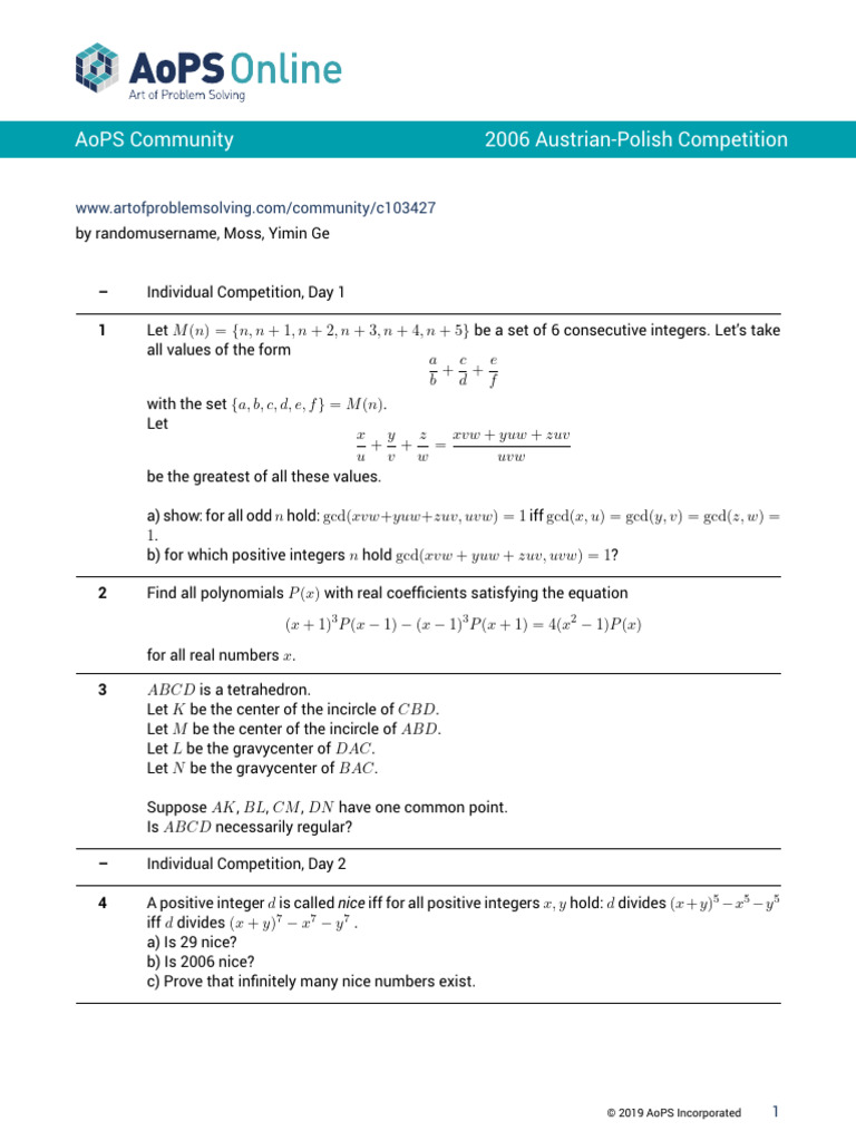 Aops community 2006 austrian polish competition pdf arithmetic