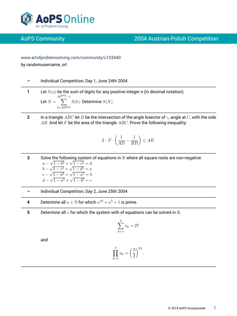 Aops Community 2004 AustrianPolish Competition PDF Arithmetic