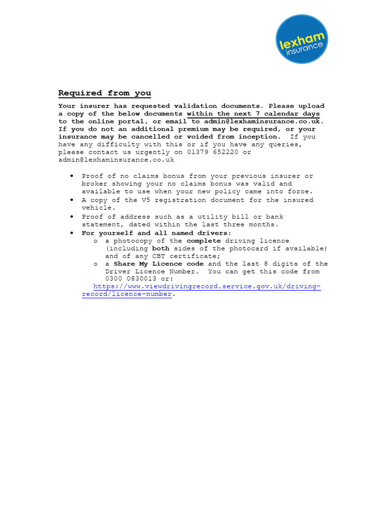 Insurance Document Submission Required | PDF | Vehicles