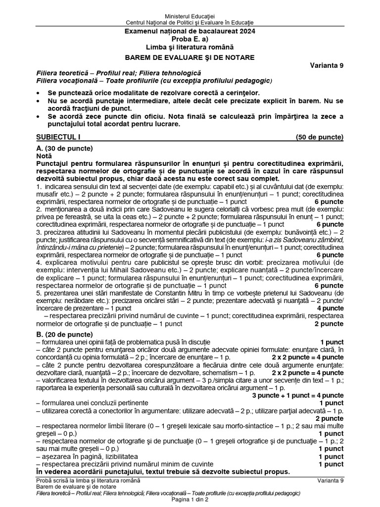 Barem Bac Romană | PDF