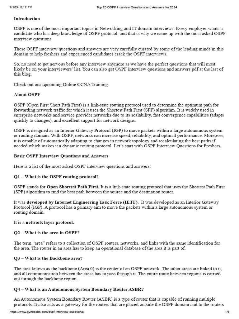 Top OSPF Interview Questions 2024 | PDF | Network Protocols | Internet