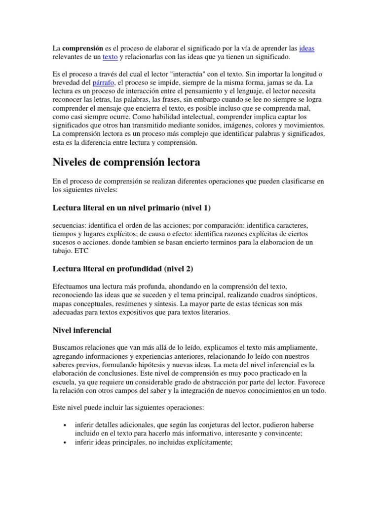 Niveles de Comprensión Lectora Explicados | PDF | Comprensión lectora ...