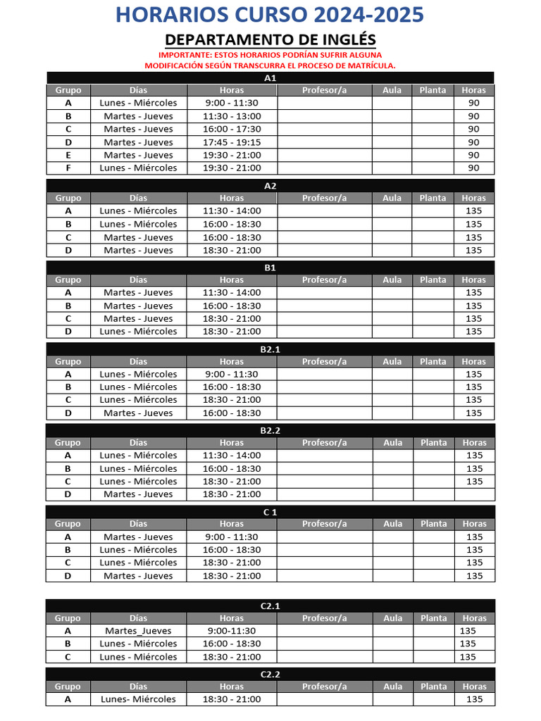 Horarios Cursos Idiomas 2024-2025 | PDF