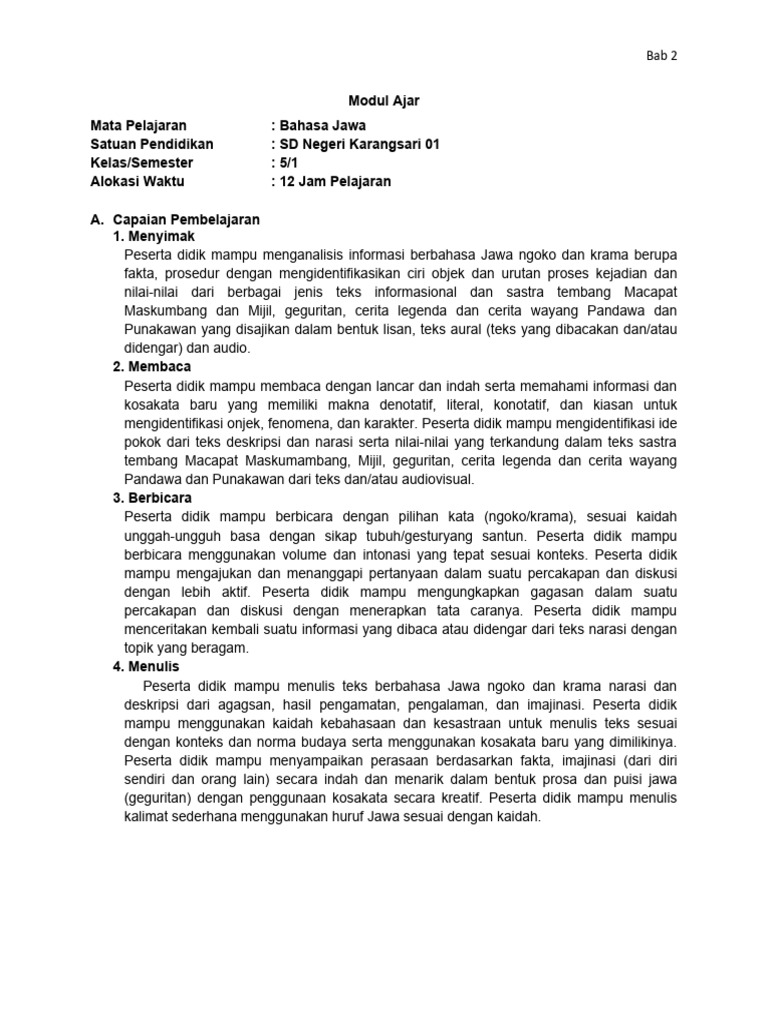 Modul Ajar Bahasa Jawa Kelas 5 | PDF | Karier & Perkembangan | Seni ...