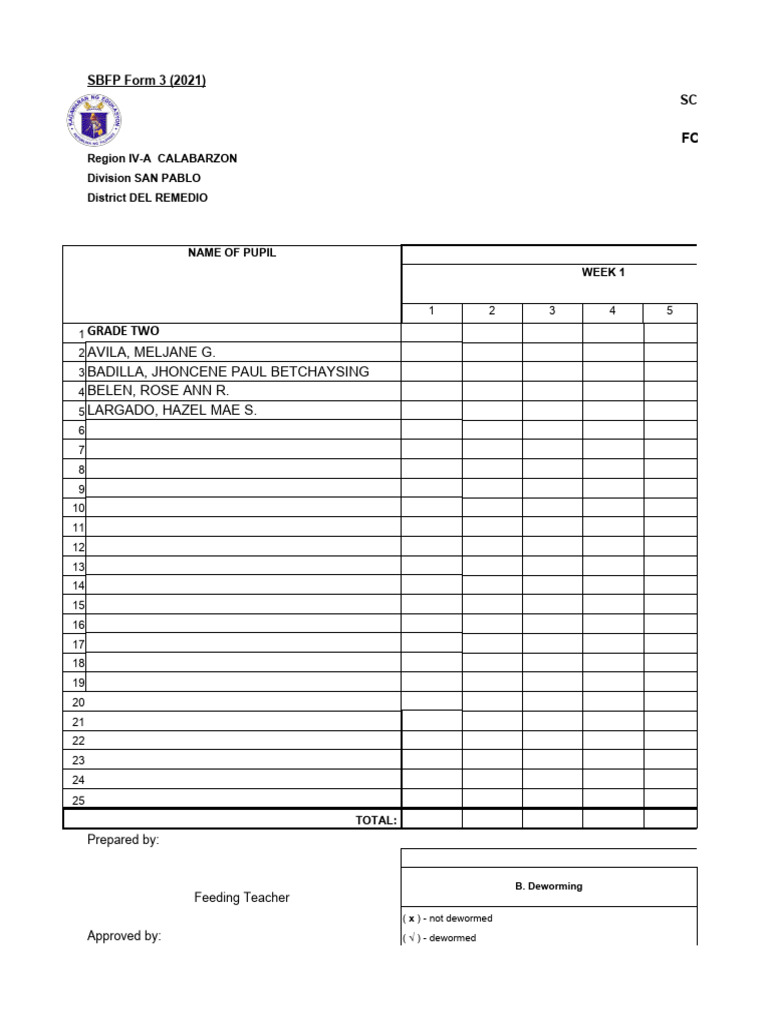 SBFP Daily Feeding Record January 2024 | PDF