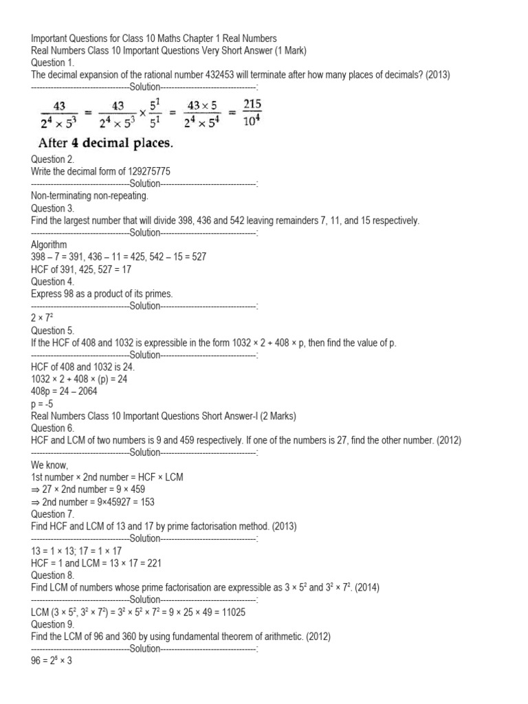 Important Questions For Class 10 Maths Chapter 1 Real Numbers | PDF ...