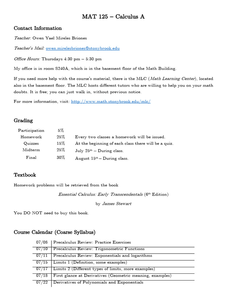 MAT 125 Calculus A Course Overview | PDF | Differential Calculus ...
