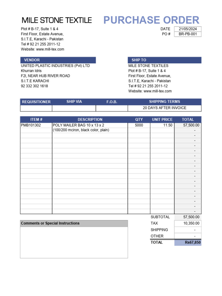 Textile Purchase Order for Poly Mailers | PDF