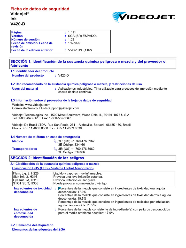 Ficha de Seguridad V420-D para Tintas | PDF | Química