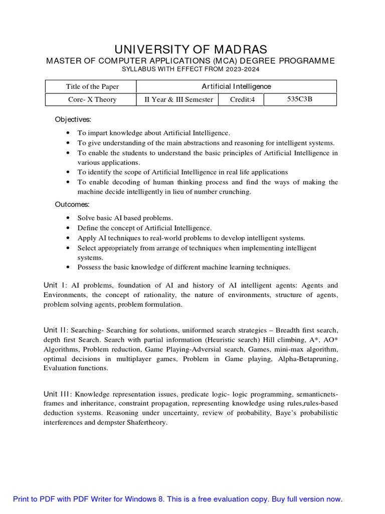 MCA Artificial Intelligence Syllabus 2023-24 | PDF | Artificial ...