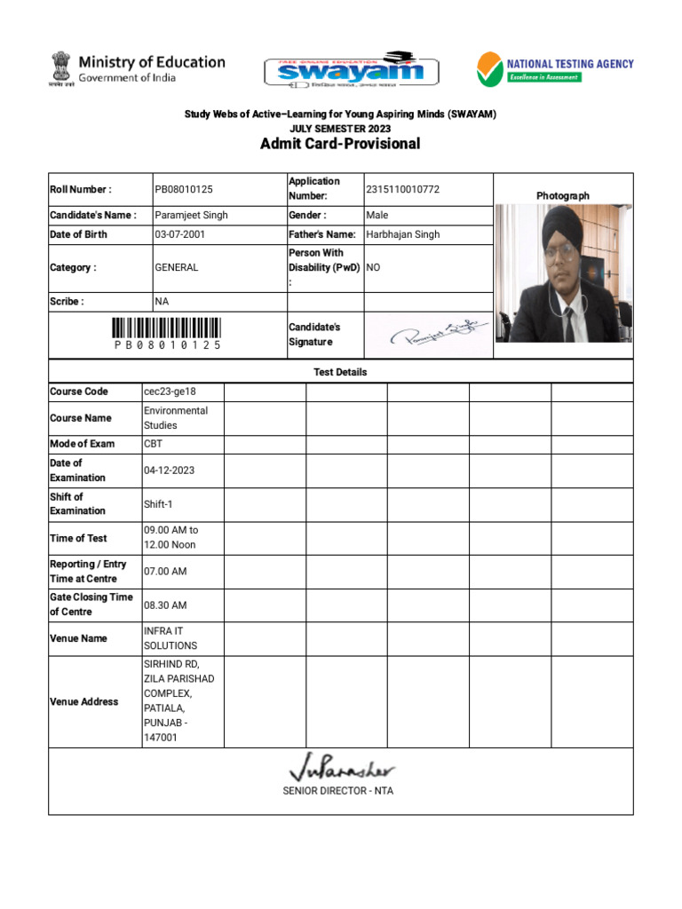 SWAYAM July 2023 Admit Card Details | PDF | Identity Document