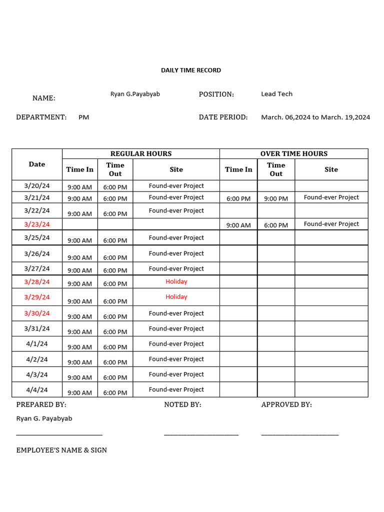 Daily Time Record for Ryan Payabyab | PDF | Home & Garden