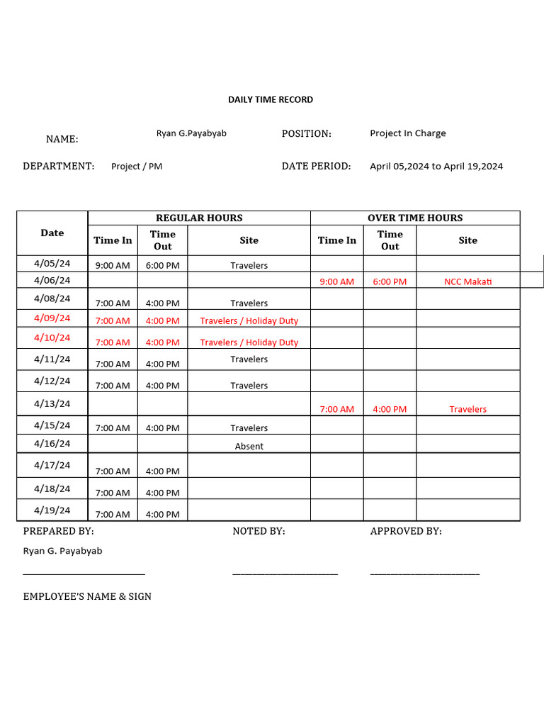 DAILY TIME RECORD April 5 To 19 | PDF
